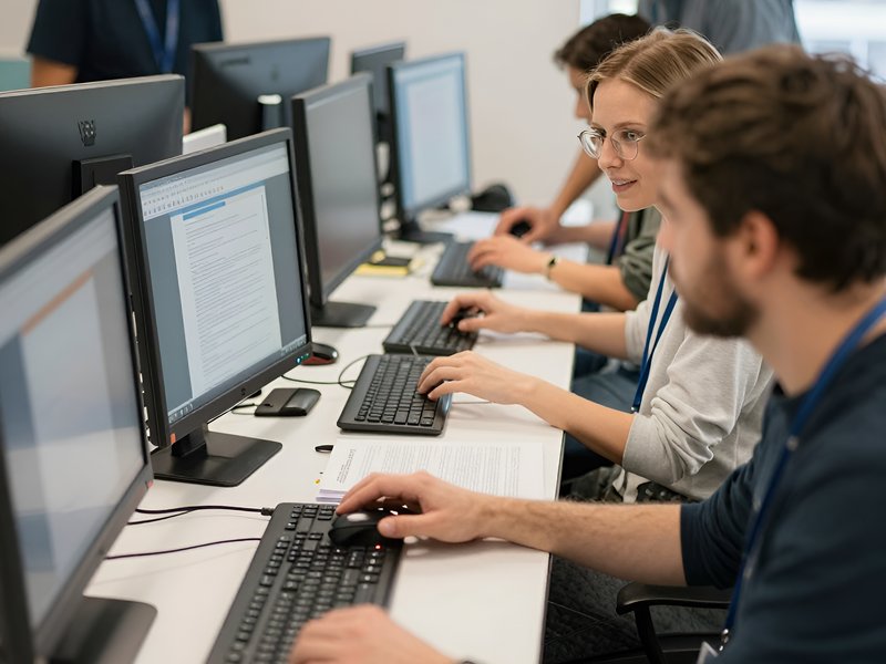 Команда специалистов Iq-Big работает с автоматизированной системой проверки PDF-документов в современном офисе